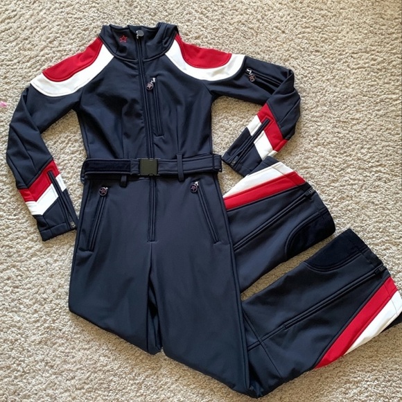 NWT Perfect moment Allos hooded striped ski suit in jet black/red/snow white - Picture 2 of 8
